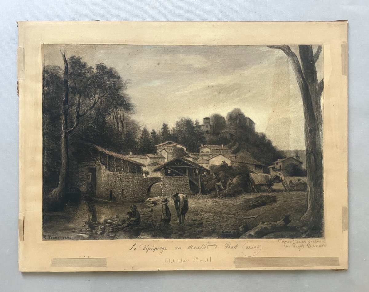 Bernard Pegot, Le dépiquage au Moulin de Prat - Ariège, dessin à la craie-photo-2