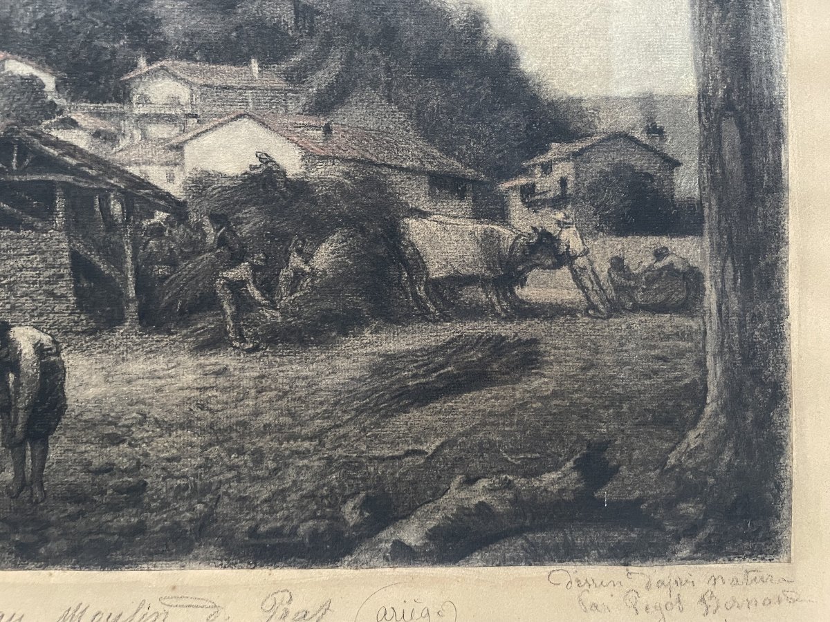 Bernard Pegot, Le dépiquage au Moulin de Prat - Ariège, dessin à la craie-photo-4