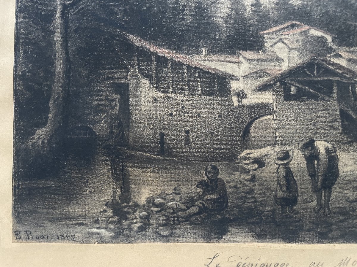Bernard Pegot, Le dépiquage au Moulin de Prat - Ariège, dessin à la craie-photo-5