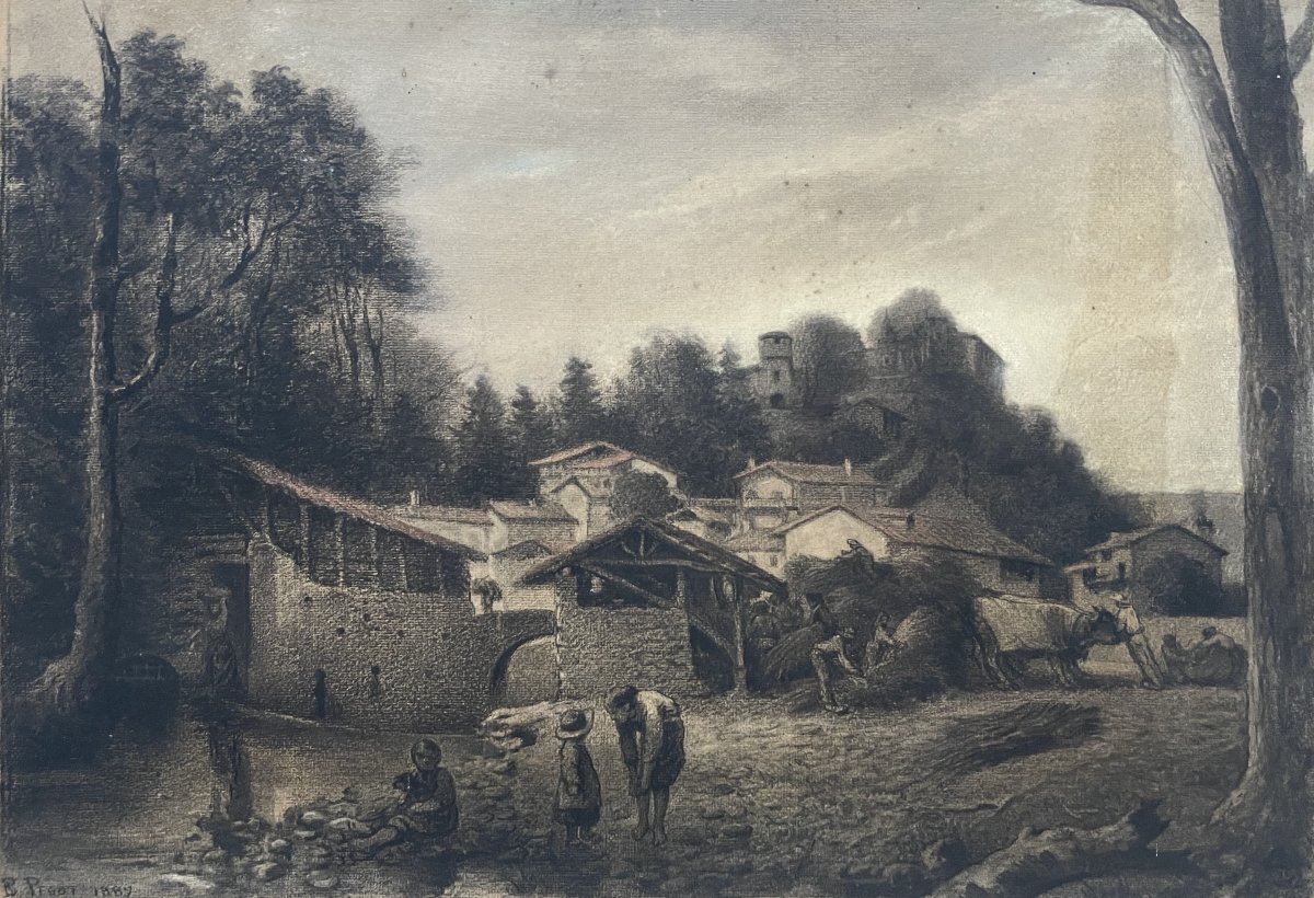 Bernard Pegot, Le dépiquage au Moulin de Prat - Ariège, dessin à la craie