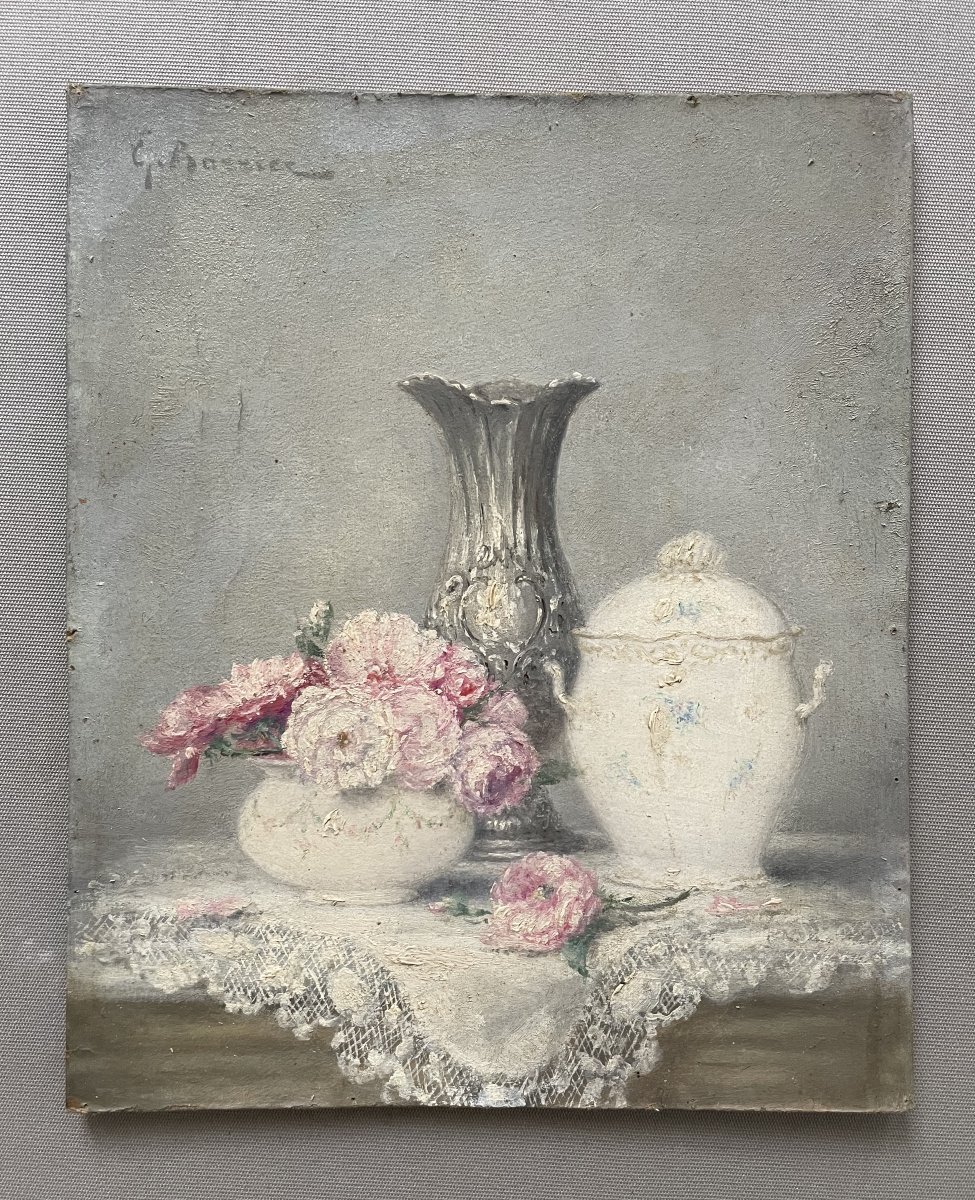 Gustave Barrier, nature morte, huile sur carton
