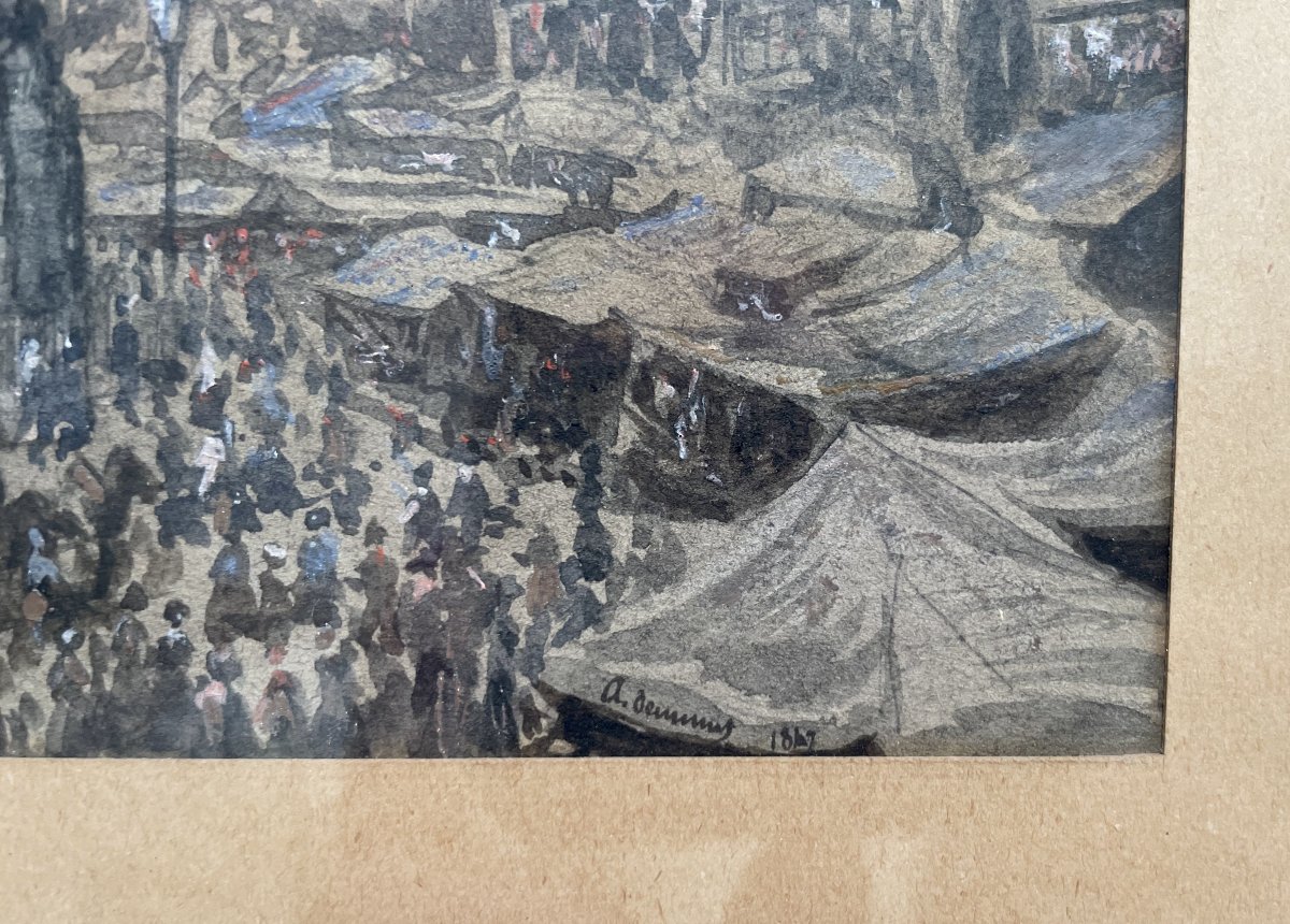 Grand marché sur la Place du Châtelet, Paris, aquarelle datée 1847-photo-2