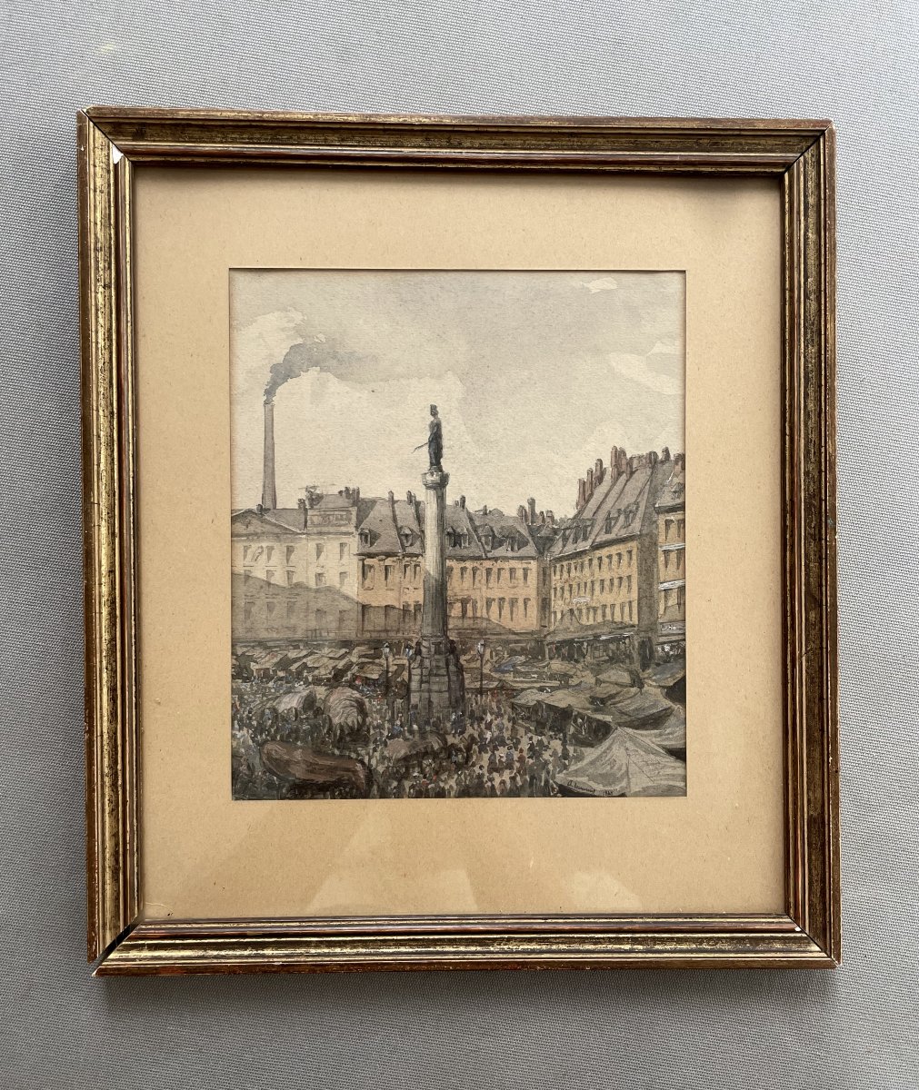 Grand marché sur la Place du Châtelet, Paris, aquarelle datée 1847-photo-3