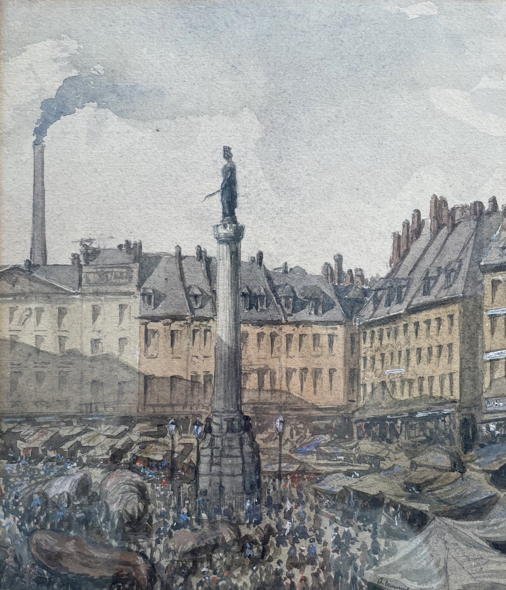 Grand marché sur la Place du Châtelet, Paris, aquarelle datée 1847
