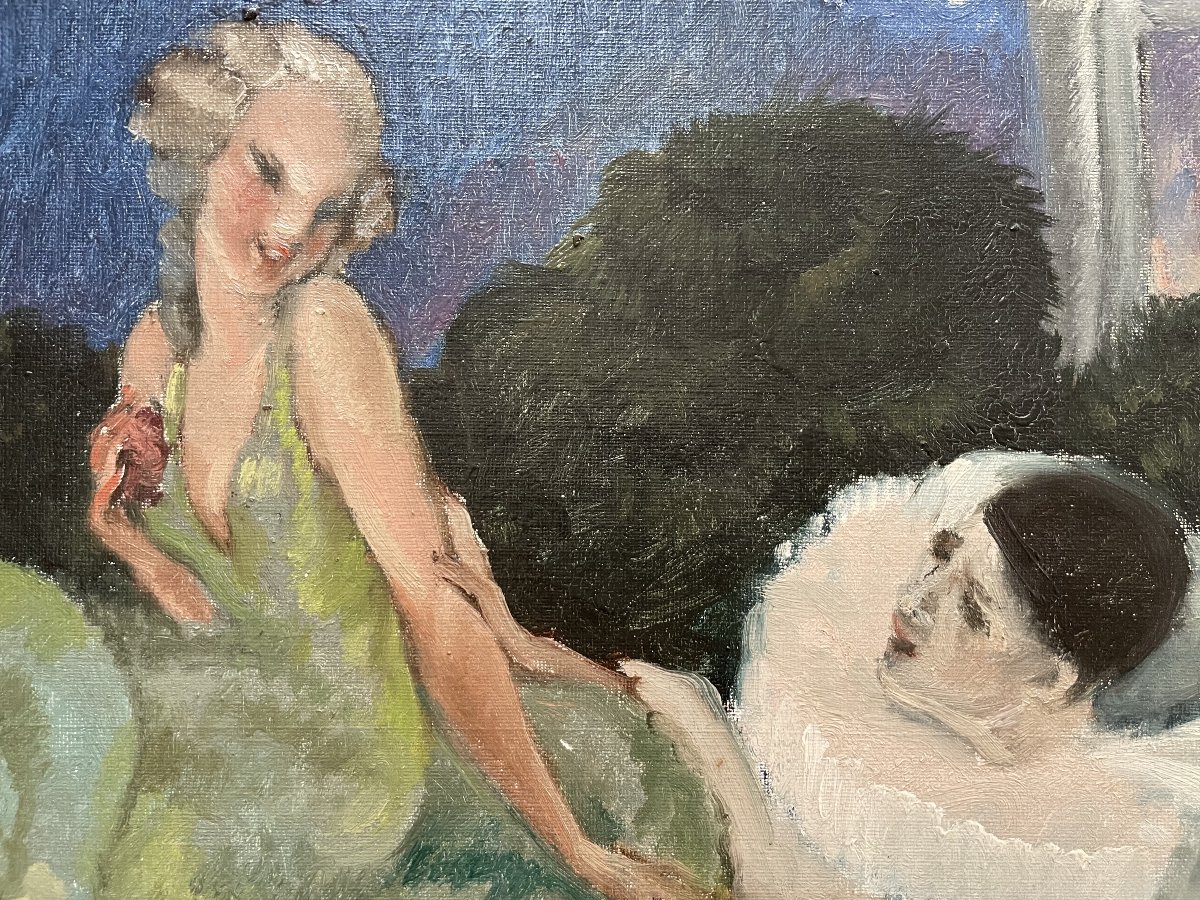 Pierrot et colombine, huile sur carton toilé-photo-2