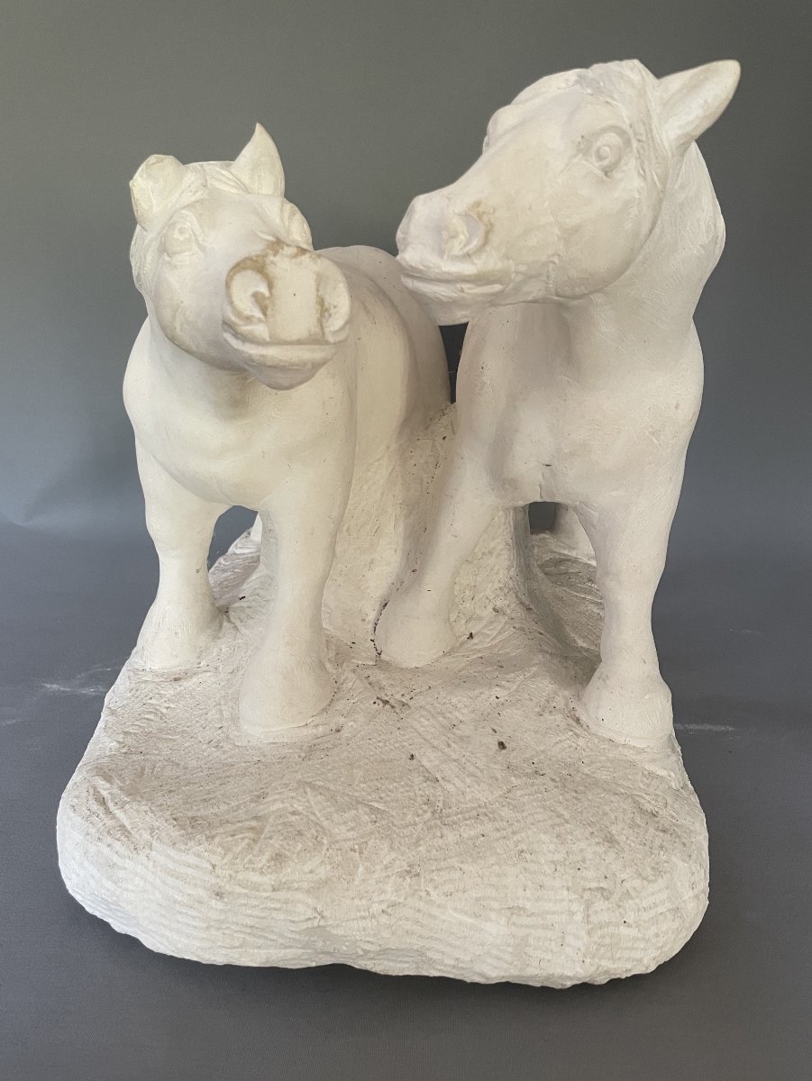 Two Draft Horses, A Sculpture By Houdré-photo-2