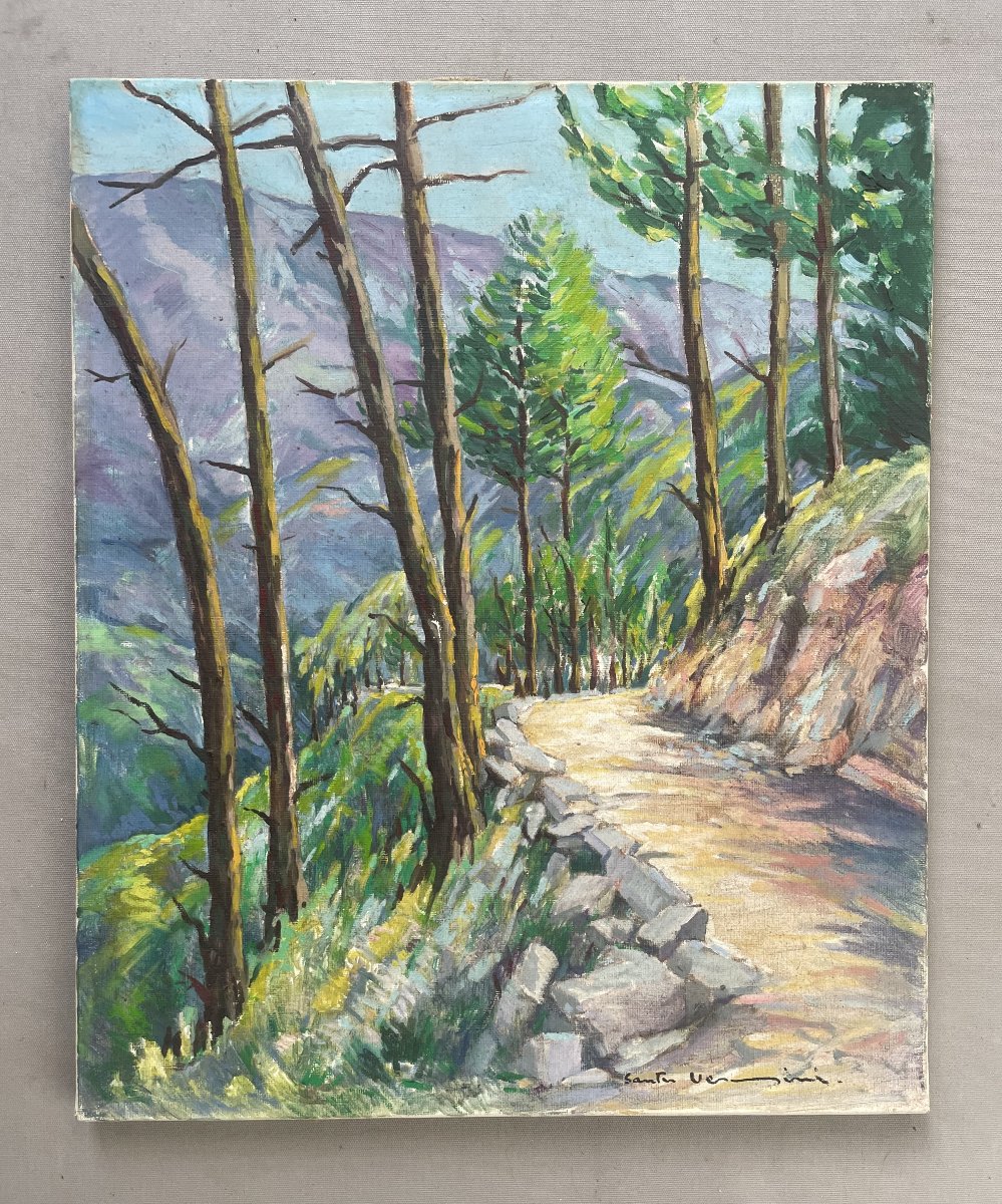 Corse? Chemin dans un paysage montagneux, huile sur toile