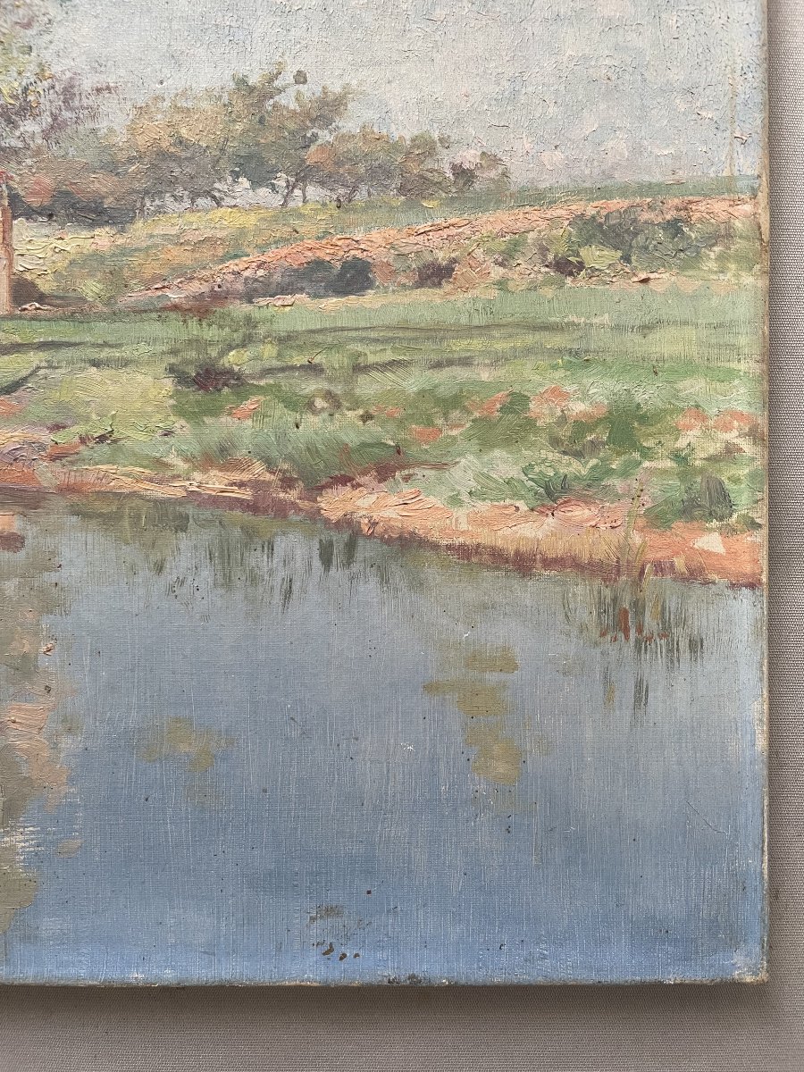 Paysage en bord de rivière, signature à identifier-photo-1
