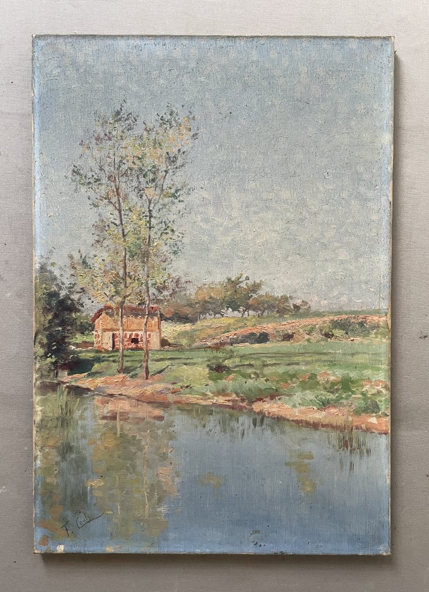 Paysage en bord de rivière, signature à identifier