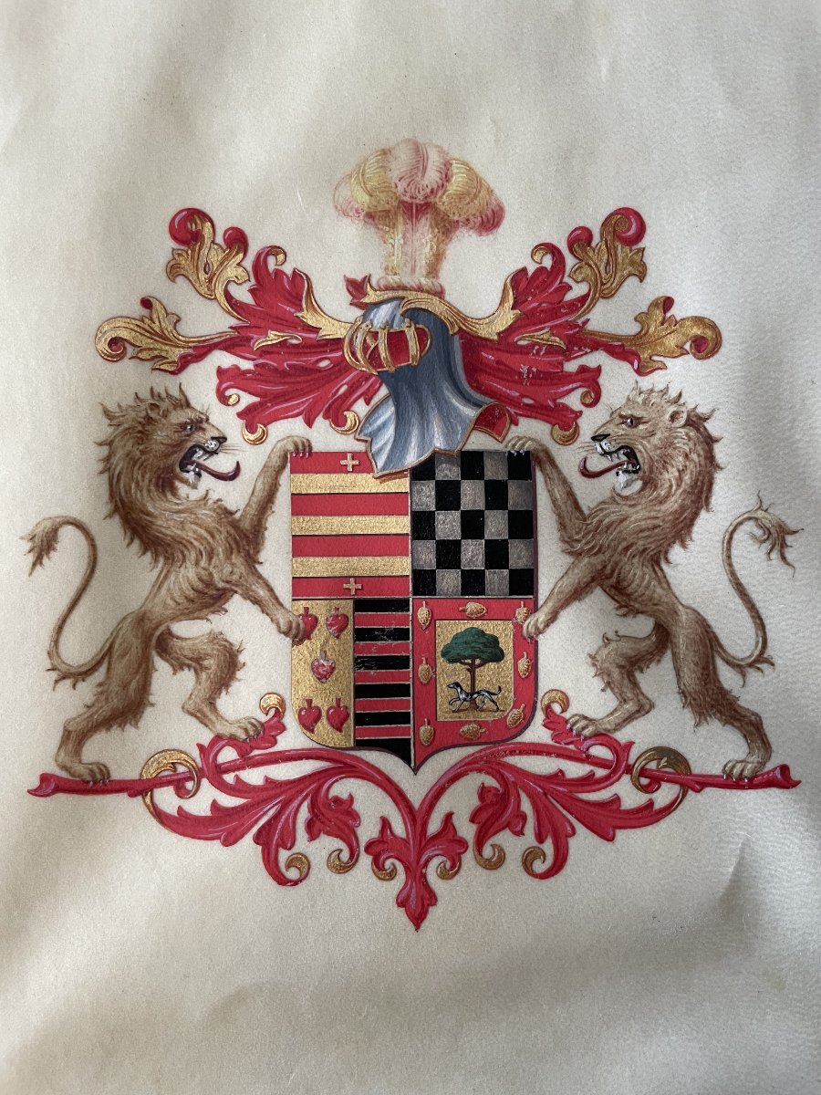 Coat Of Arms Painted On Vellum, 19th Century-photo-2
