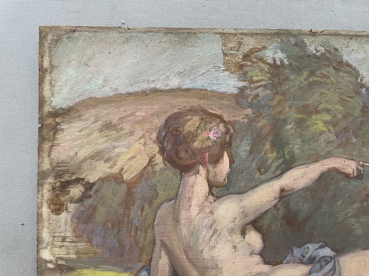 Nymphe et putto, école symboliste, huile sur panneau-photo-2