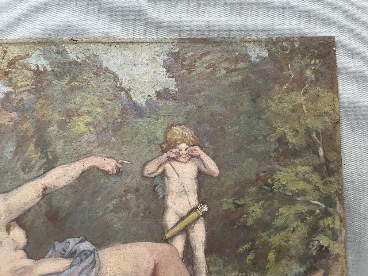 Nymphe et putto, école symboliste, huile sur panneau-photo-3