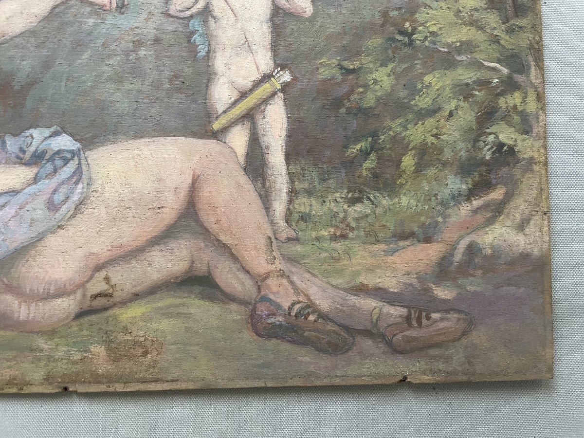 Nymphe et putto, école symboliste, huile sur panneau-photo-4