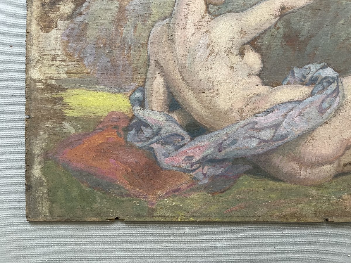 Nymphe et putto, école symboliste, huile sur panneau-photo-1