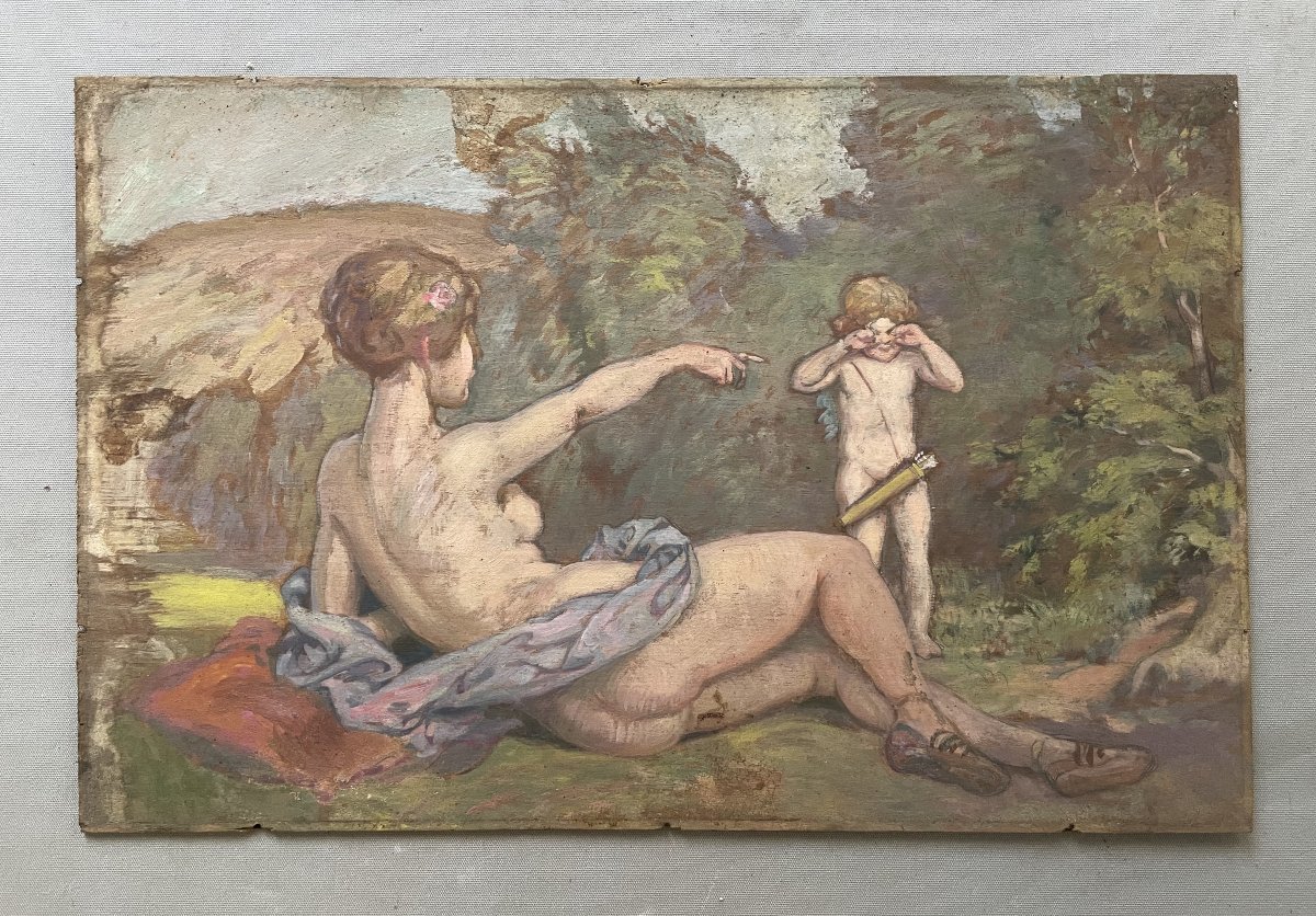Nymphe et putto, école symboliste, huile sur panneau