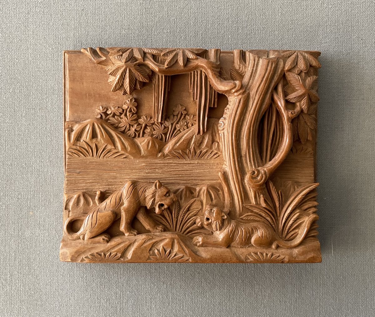 Tigers Fighting, Wooden High Relief, Asia?