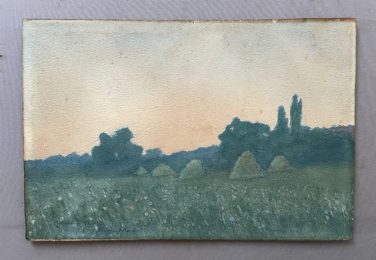 Haystacks, Late 19th-century Watercolor, Signature To Be Deciphered-photo-2