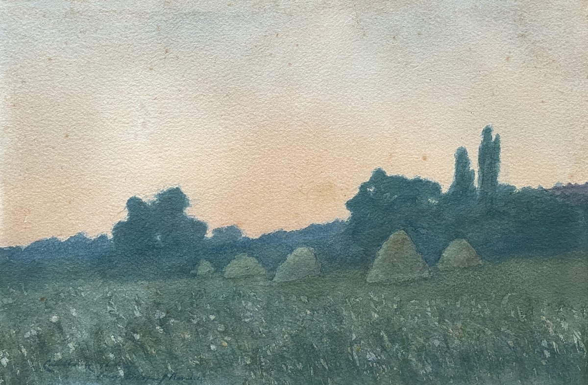 Haystacks, Late 19th-century Watercolor, Signature To Be Deciphered