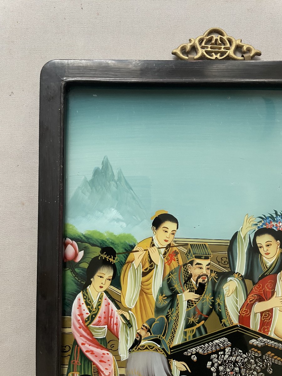 Joueurs de mah-jong, fixé sous verre, Chine, XXe-photo-2