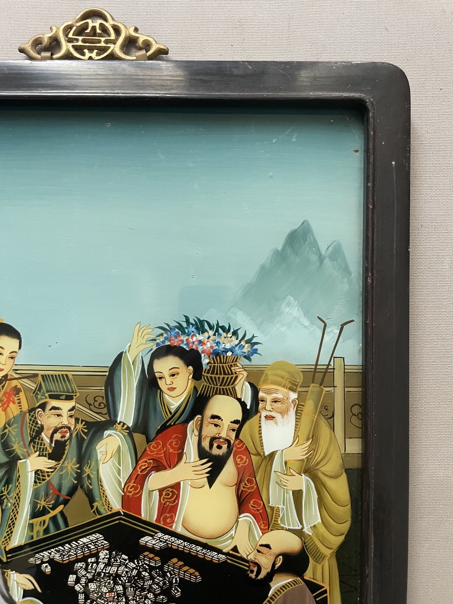 Joueurs de mah-jong, fixé sous verre, Chine, XXe-photo-3