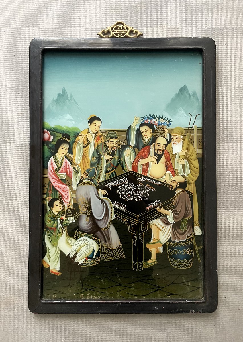 Joueurs de mah-jong, fixé sous verre, Chine, XXe