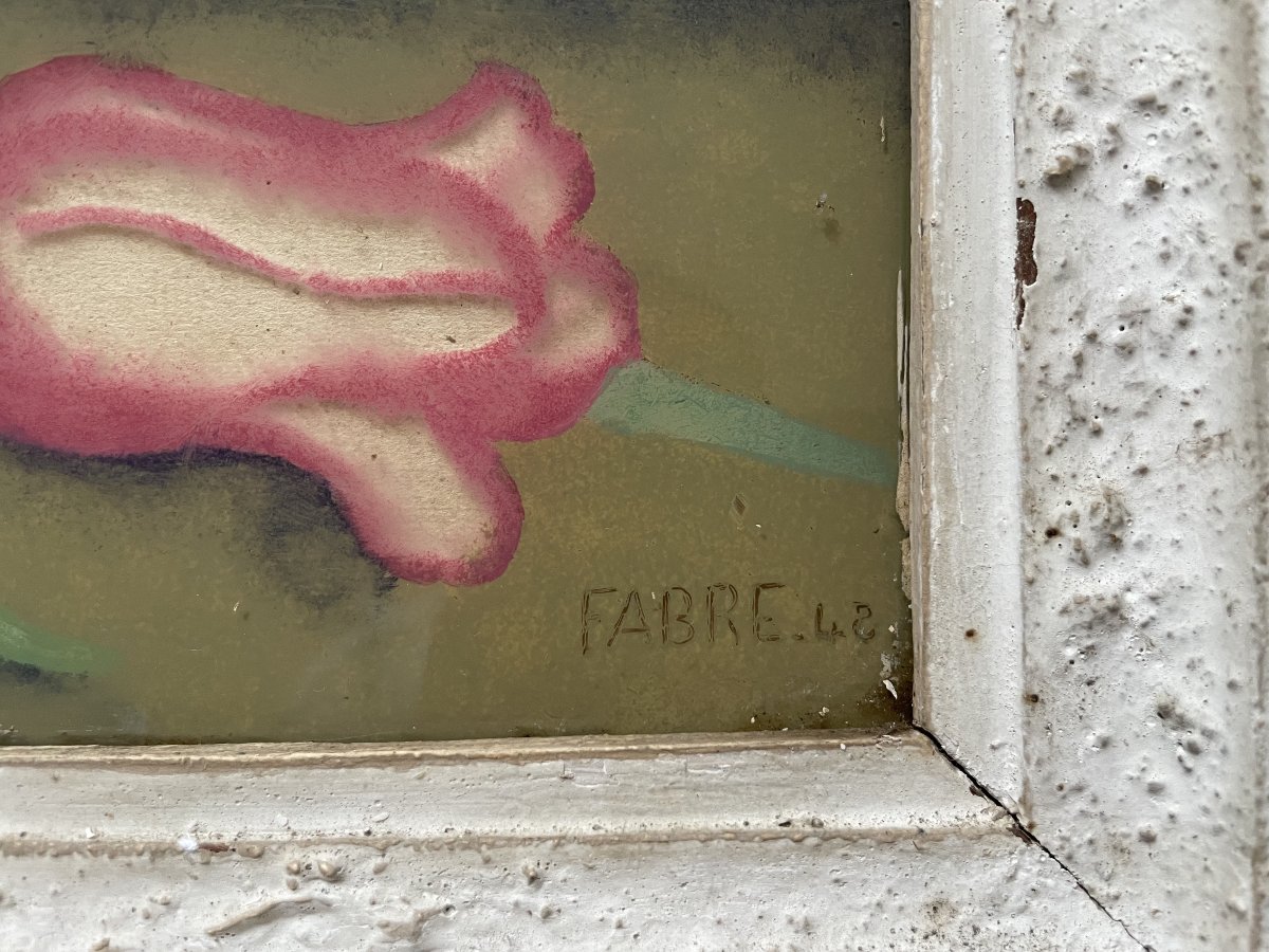 Bouquet de tulipes, fixé sous verre signé Marie-Louise Fabre-photo-2