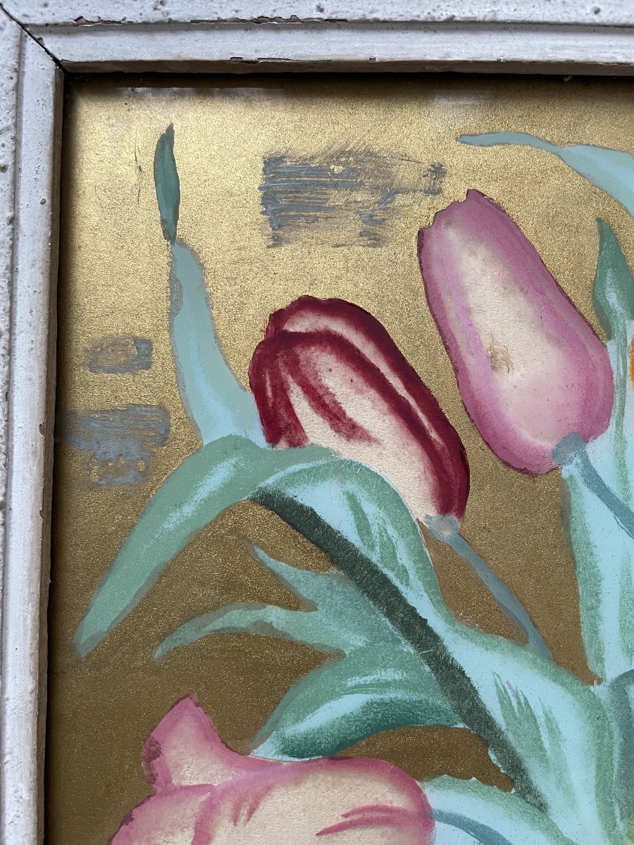 Bouquet de tulipes, fixé sous verre signé Marie-Louise Fabre-photo-4