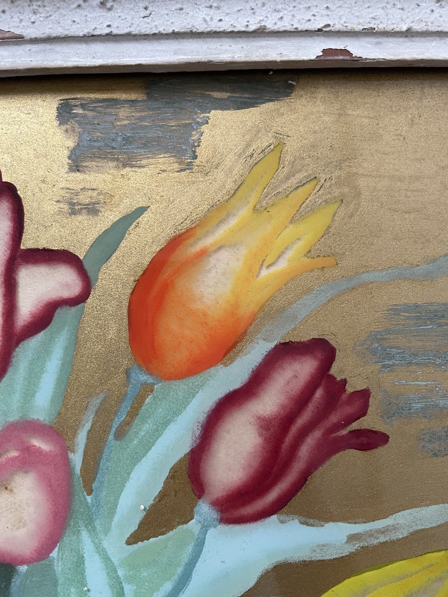 Bouquet de tulipes, fixé sous verre signé Marie-Louise Fabre-photo-1