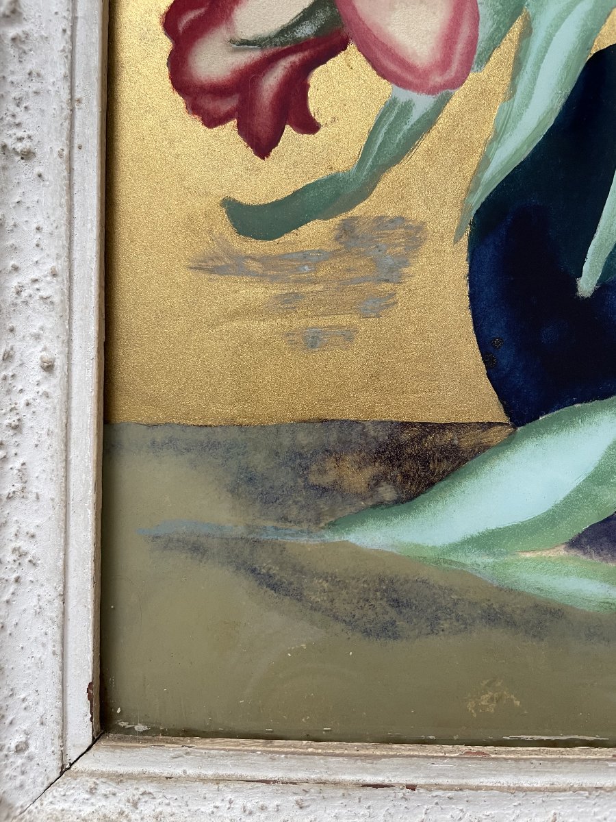 Bouquet de tulipes, fixé sous verre signé Marie-Louise Fabre-photo-3