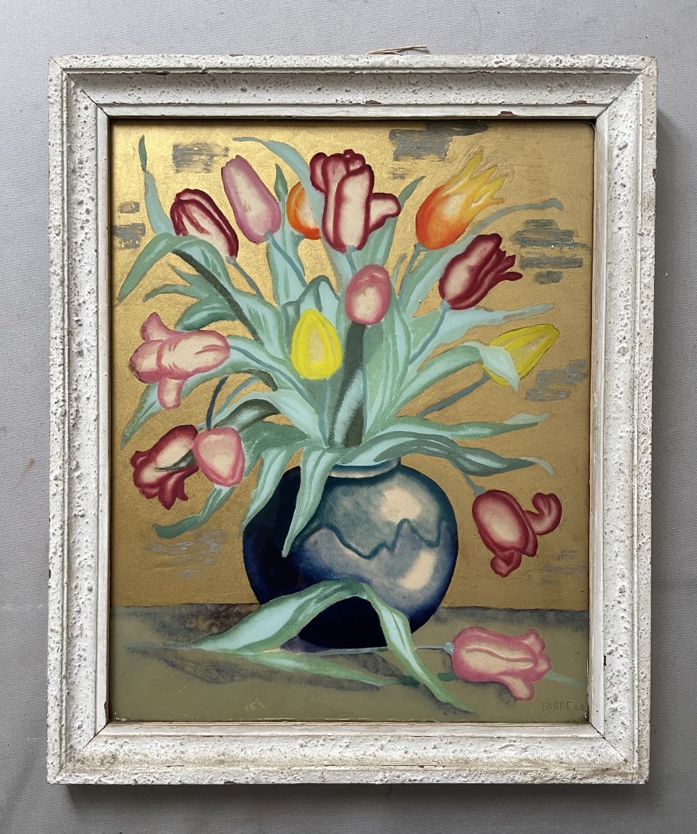 Bouquet de tulipes, fixé sous verre signé Marie-Louise Fabre