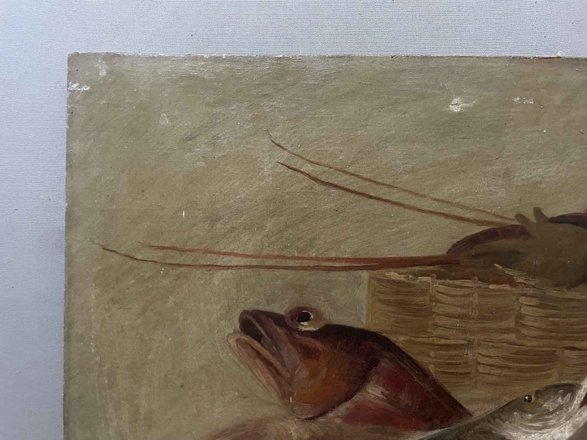 Nature morte aux poissons et crustacées, huile sur toile-photo-2