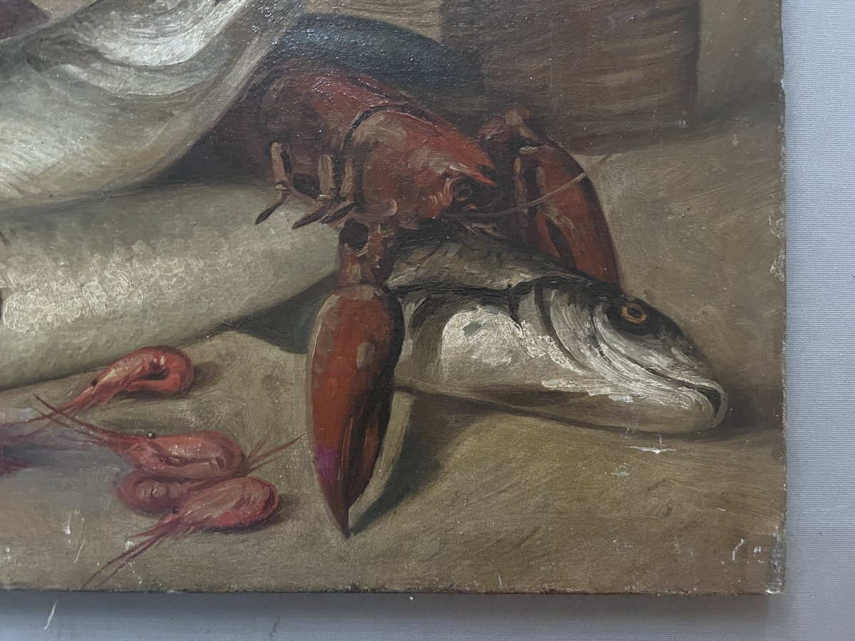Nature morte aux poissons et crustacées, huile sur toile-photo-4