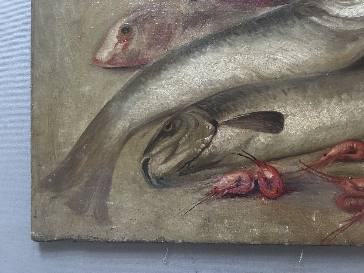 Nature morte aux poissons et crustacées, huile sur toile-photo-1