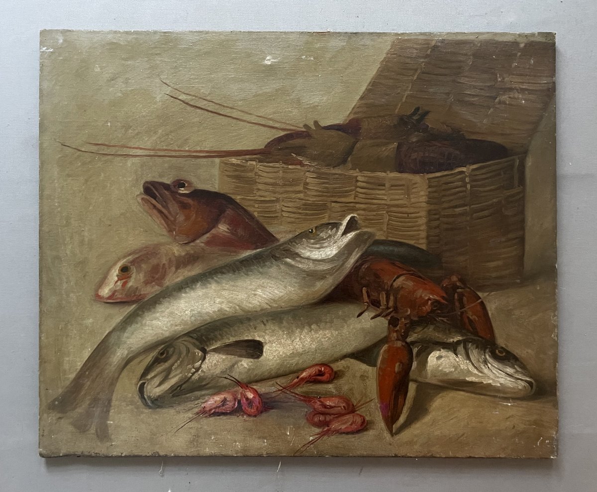 Nature morte aux poissons et crustacées, huile sur toile