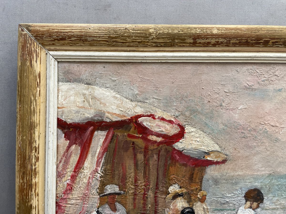 Plage animée, huile sur toile, signature à identifier-photo-2