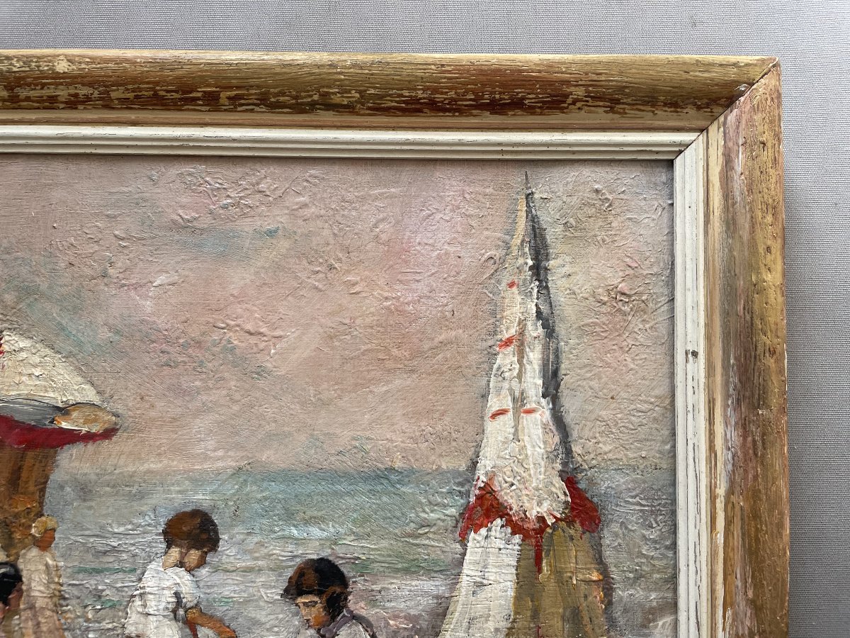Plage animée, huile sur toile, signature à identifier-photo-3