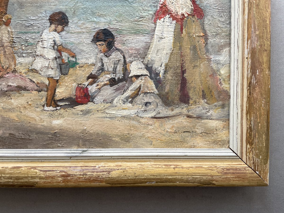 Plage animée, huile sur toile, signature à identifier-photo-4