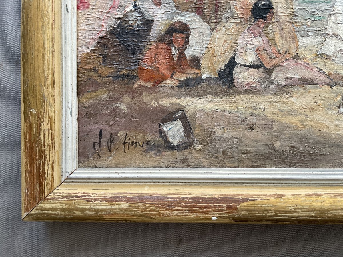 Plage animée, huile sur toile, signature à identifier-photo-1
