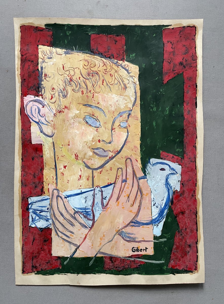 Child And Dove, Oil On Paper, Signed By Gibert