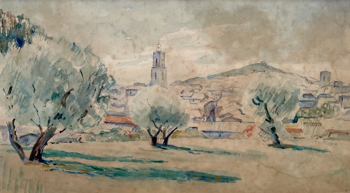 Paysage provençal, aquarelle, signature à déchiffrer 