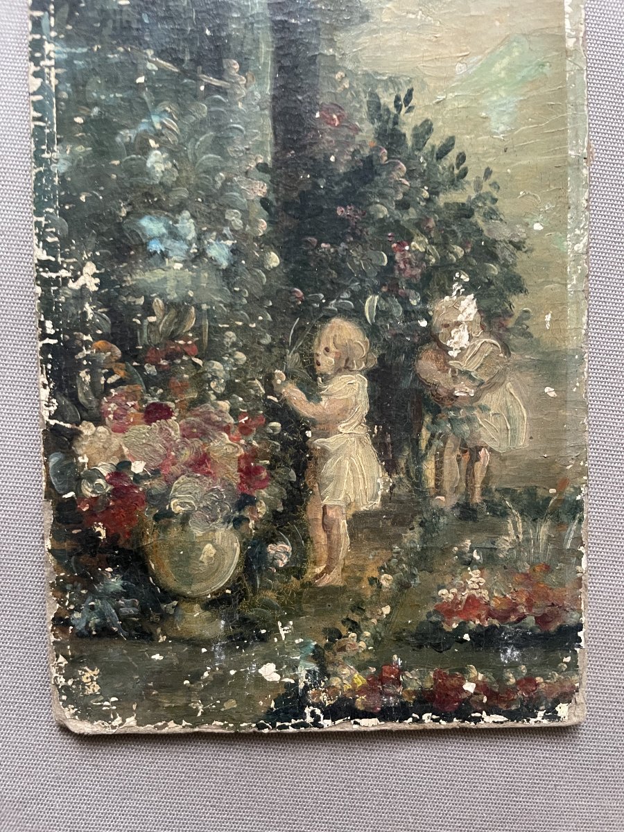 Enfants jouant dans un parc, huile sur carton, XIXe-photo-4