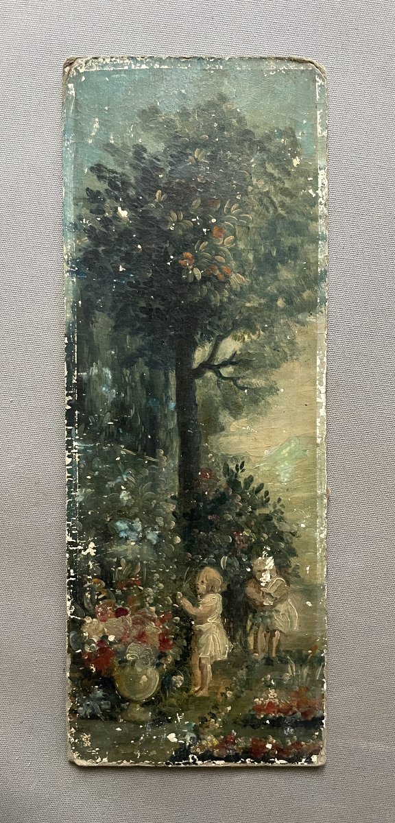Enfants jouant dans un parc, huile sur carton, XIXe