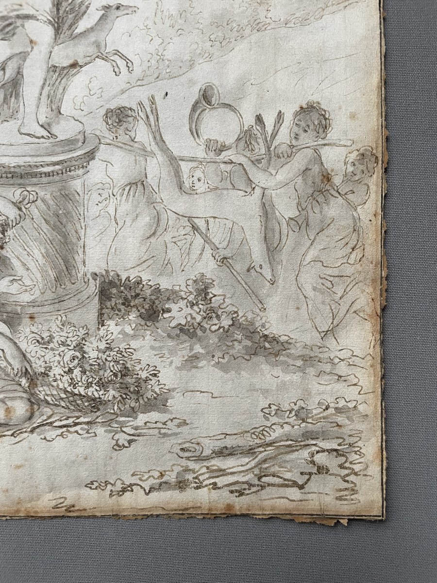 Bacchanalia Around A Statue, Ink Wash, 18th Century-photo-4
