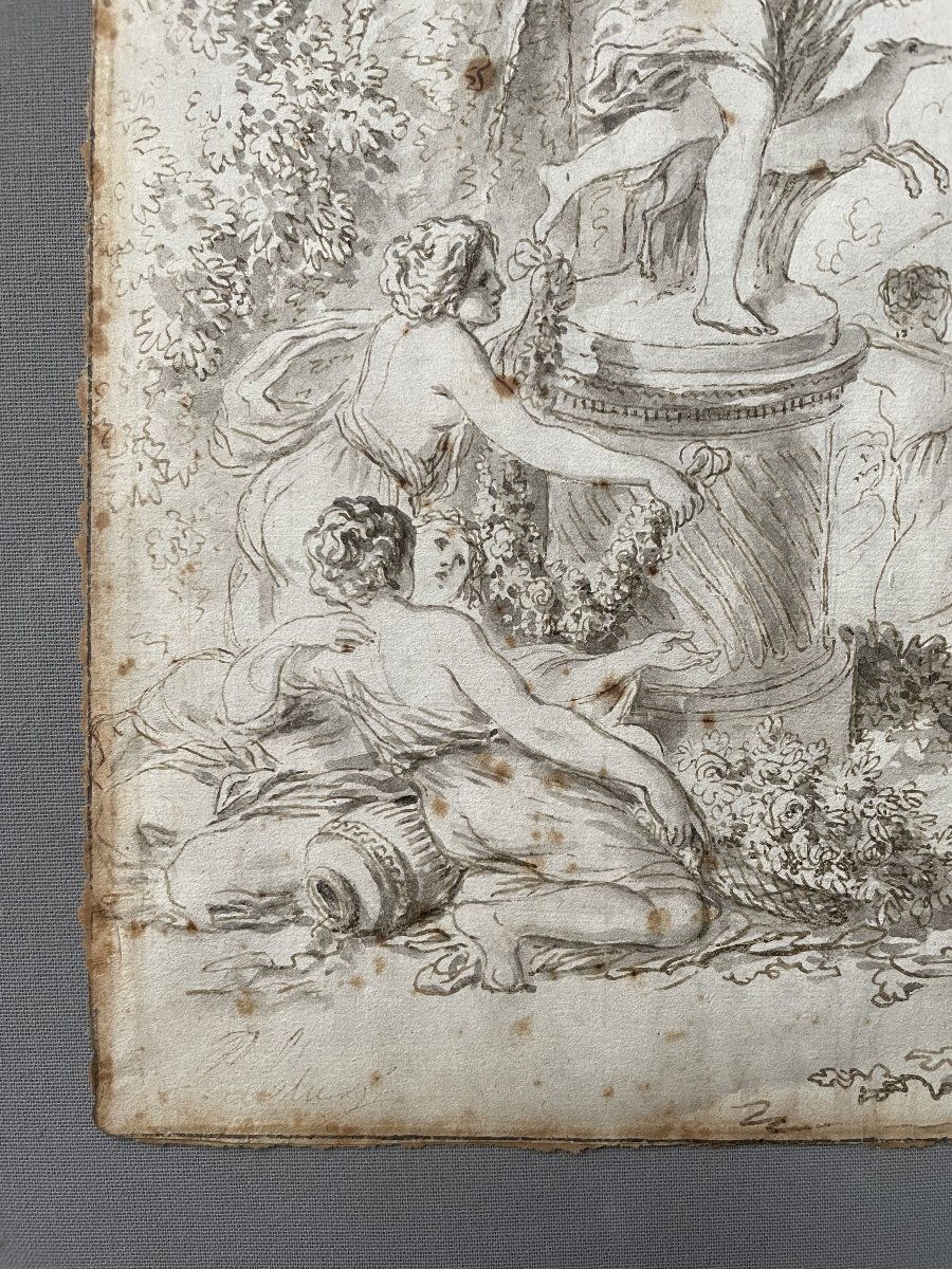 Bacchanalia Around A Statue, Ink Wash, 18th Century-photo-1