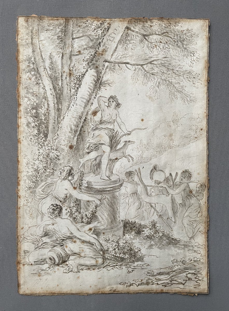 Bacchanalia Around A Statue, Ink Wash, 18th Century