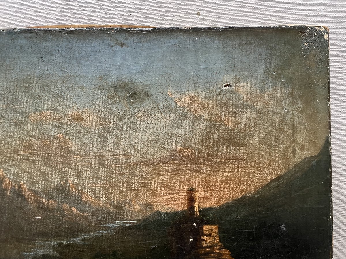 Ruine au crépuscule, huile sur toile, XIXe-photo-3