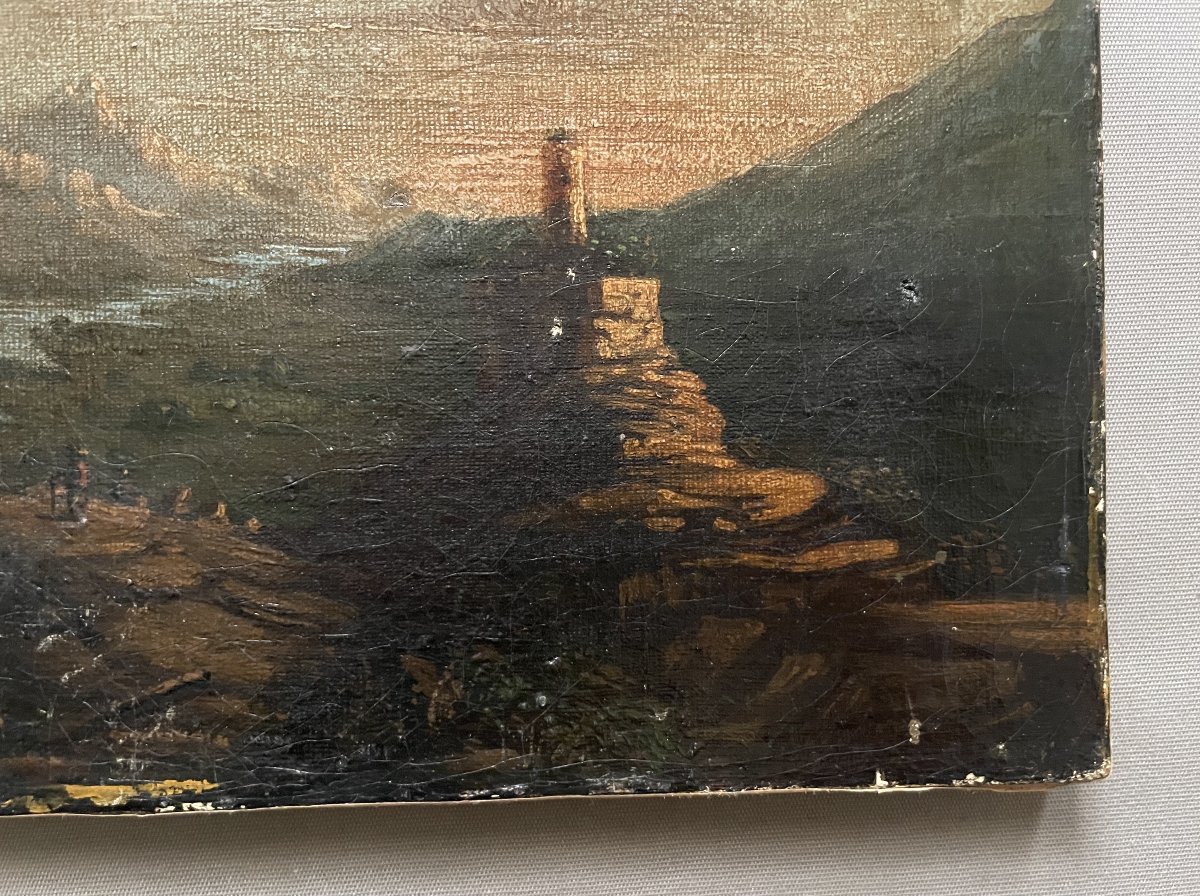 Ruine au crépuscule, huile sur toile, XIXe-photo-4