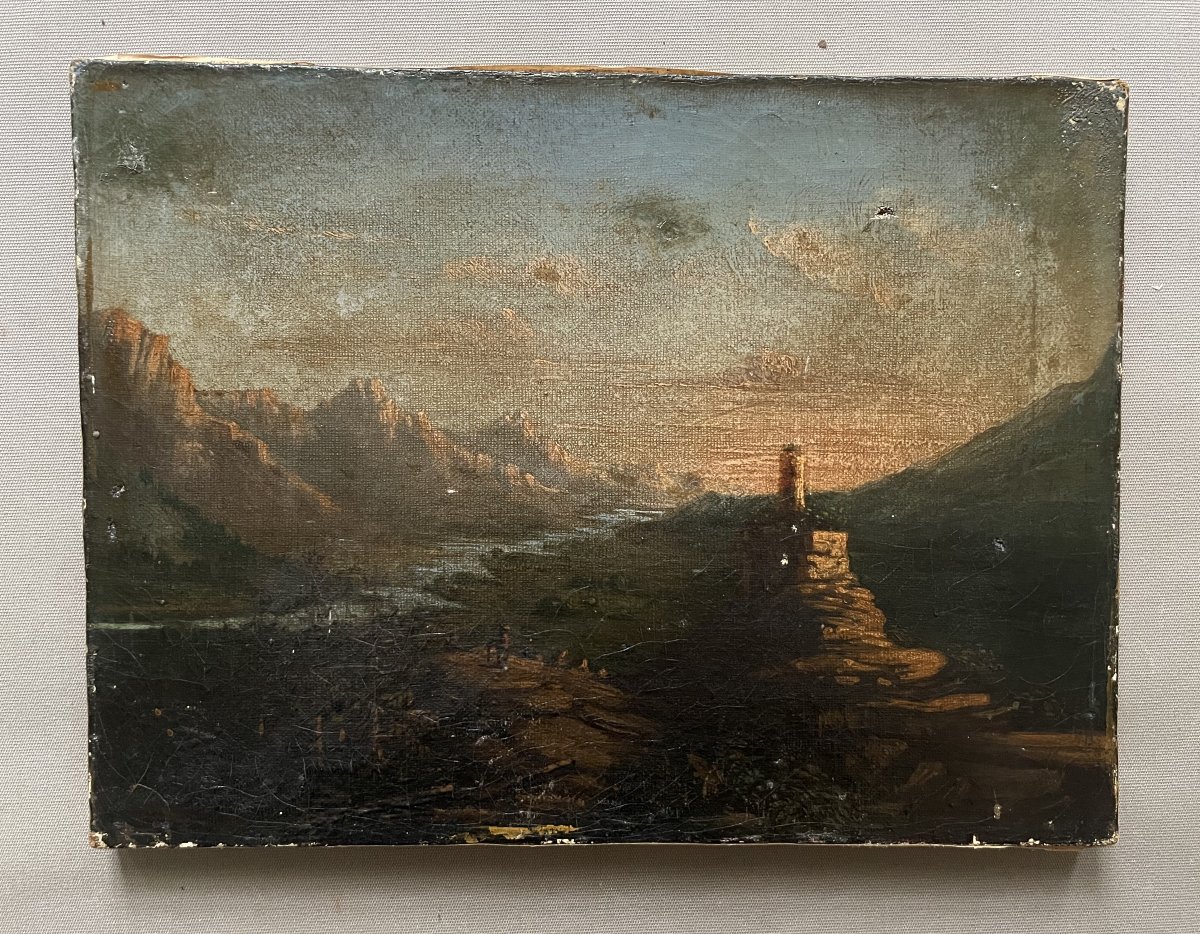 Ruine au crépuscule, huile sur toile, XIXe
