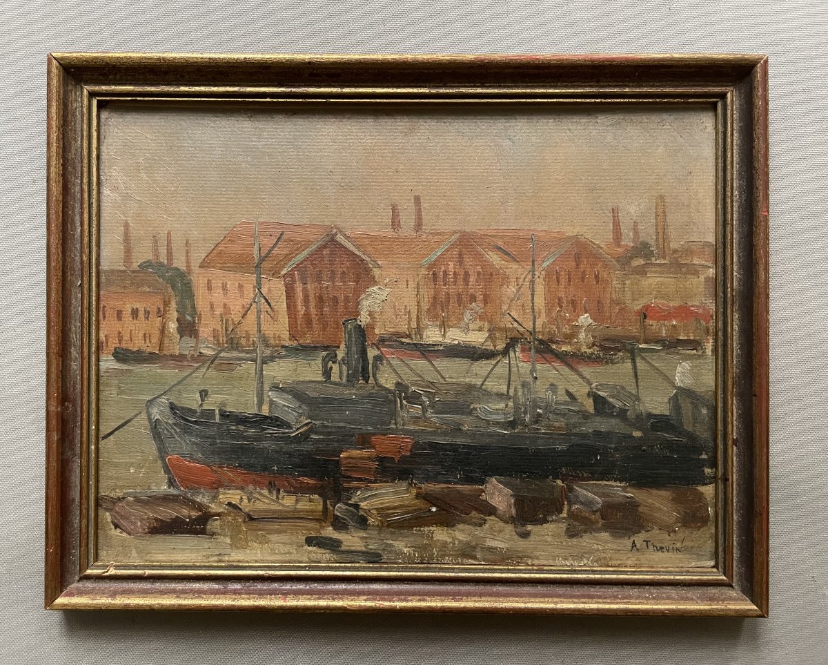 Alice THEVIN, Paysage portuaire, huile sur carton 