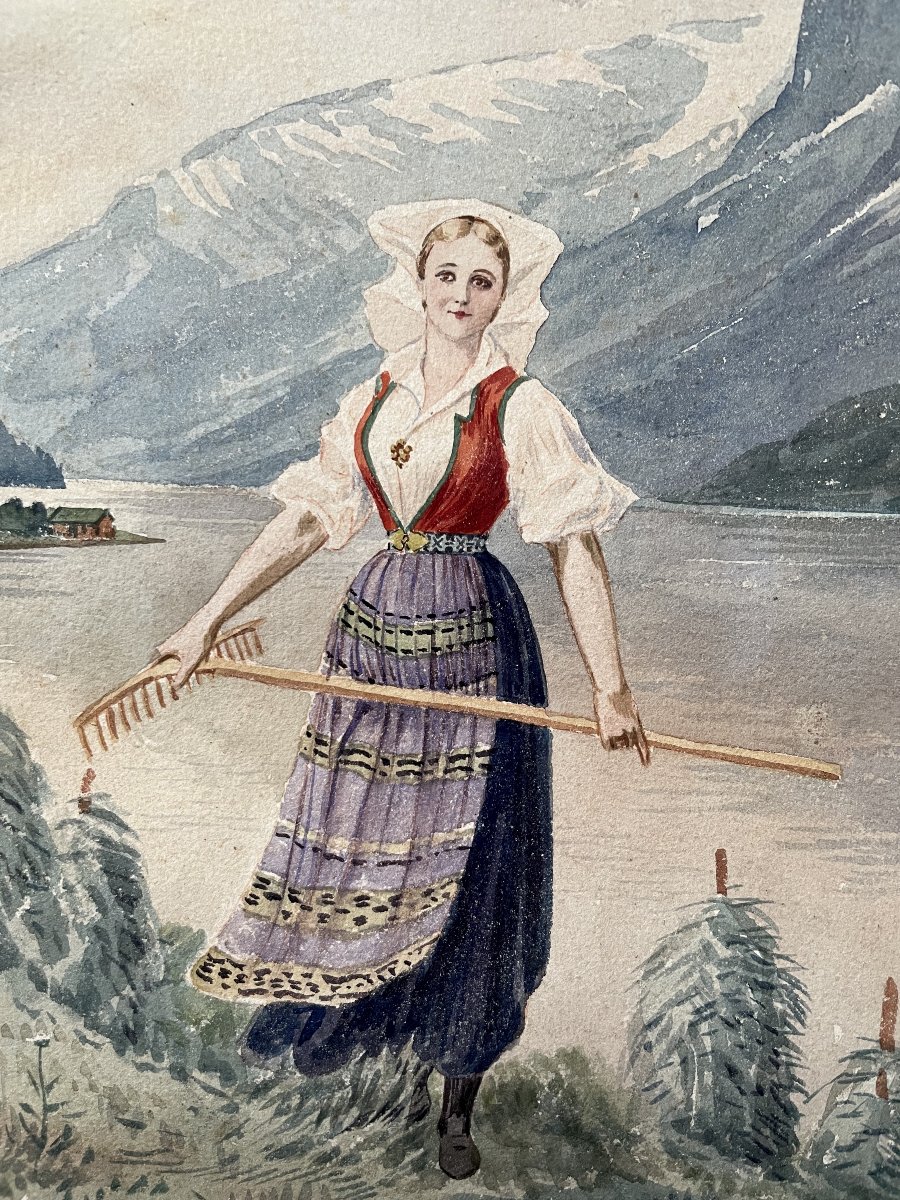 Femme en tenue traditionnelle norvégienne, aquarelle